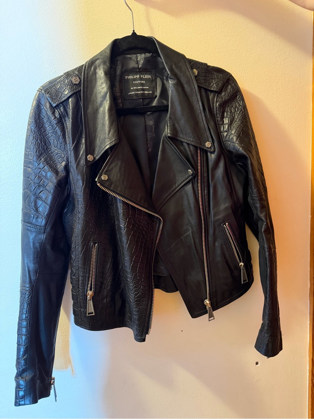 Philipp Plein Black Croc-Textured Leather Biker Jacket with Silver Zippers